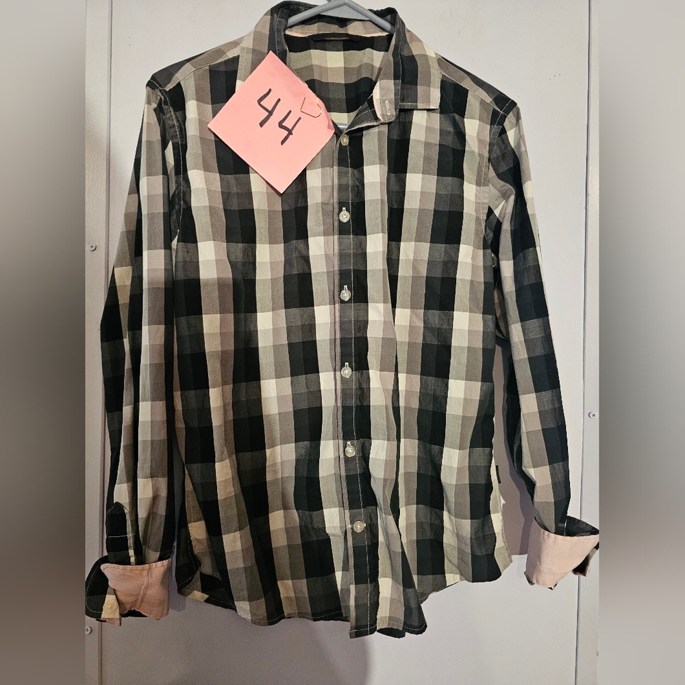 Jack & Jones Button Up Shirt Black And White Pink Cuffs Size Medium